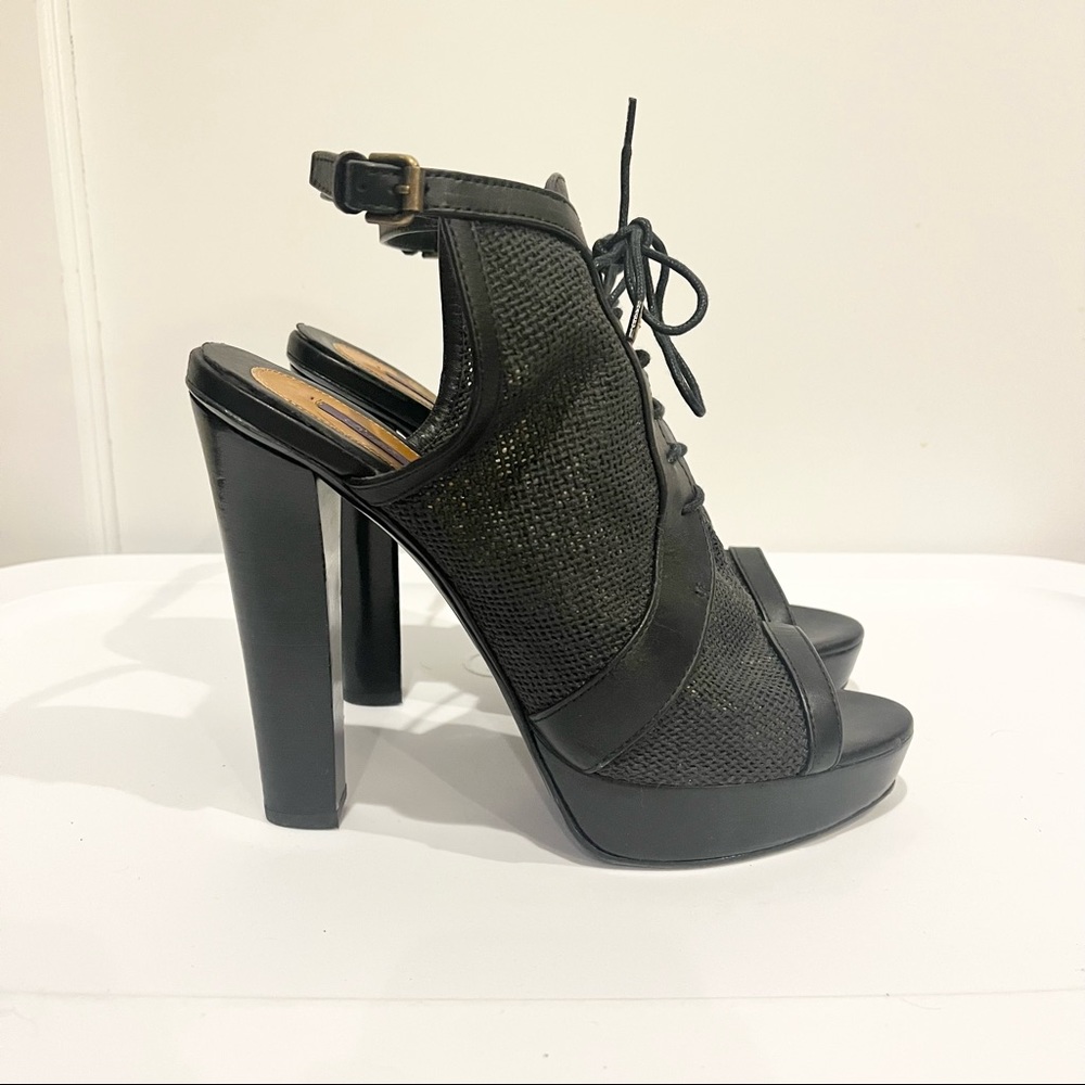 Ralph Lauren Purple Label Black Platform Open Toe Moto Booties 10.5